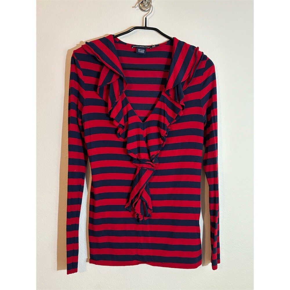 Ralph Lauren Sport Top Womens M Red & Navy Striped V-Neck Ruffle LS